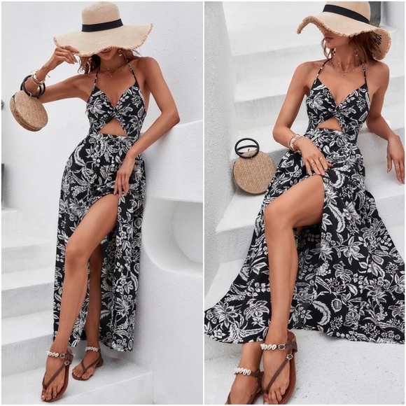 Boho Blue Floral Print Cut out Halter Maxi Dress - Picture 3 of 9